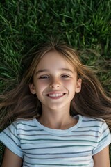 Wall Mural - A young girl is laying on the grass with her hair down and smiling. She is wearing a striped shirt and she is enjoying the outdoors