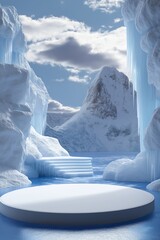 A white ice sculpture of a mountain with a blue sky in the background. The sculpture is in a frozen lake with a small step leading up to it