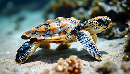 Cute baby turtle gracefully swimming in the ocean with a distinctive brown and black shell