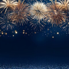 Canvas Print - Golden fireworks exploding in the night sky with bokeh and glitter background.