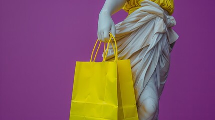 collage in trendy magazine style featuring an antique 
female statue's hand holding a yellow shopping bag, set against a violet background. Contemporary art with modern, creative design.