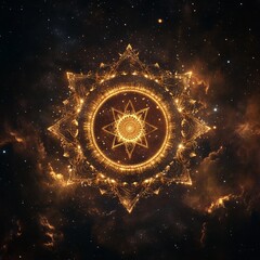 golden mandala symbol with a glowing eight-pointed star in the center, set against a cosmic backgrou