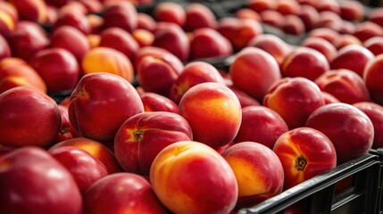 A market stand full of ripe, juicy nectarines (Prunus persica var. nucipersica), ready for eager customers