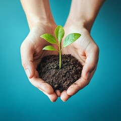 Canvas Print - Hands holding a small green plant growing from soil against a blue background.