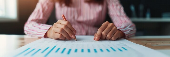 A businesswoman working at a desk, analyzing financial charts and graphs with a pen in hand in a modern office setting.