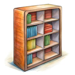 Poster - Hand drawn illustration of a charming wooden bookshelf with colorful books.