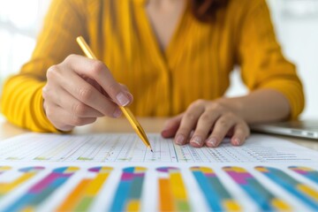 A businesswoman working at a desk, analyzing financial charts and graphs with a pen in hand in a modern office setting.