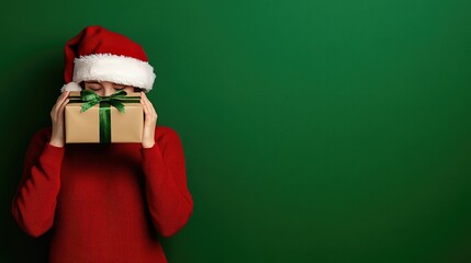 Wall Mural - A joyful young woman in a red sweater with a Christmas hat joyfully presents a beautifully wrapped gift against a solid green background