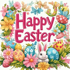 Poster - Happy Easter greeting with a bunny, eggs, and flowers.