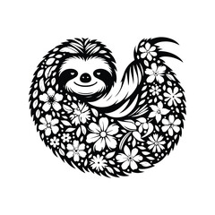 Sloth made by simple flower drawing, black and white animal illustration