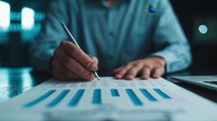 A businessman in a suit reviewing financial charts and graphs at a desk in an office, with focus on the documents and data analysis.