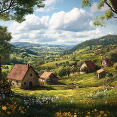 Canvas Print - Idyllic rural village nestled amongst rolling hills and meadows.