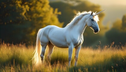 Serene white unicorn amidst lush grass illuminated by sunlight, creating a peaceful and enchanting scene