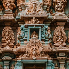 Wall Mural - Intricate carvings of deities adorn the facade of a Hindu temple.