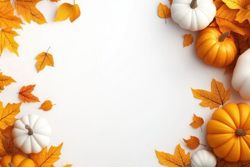 Autumn-themed flat lay with pumpkins, leaves, and berries on a white background