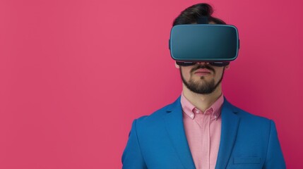 A man in a blue jacket and pink shirt wears a virtual reality headset, standing against a vibrant pink background, symbolizing modern technology and fashion.