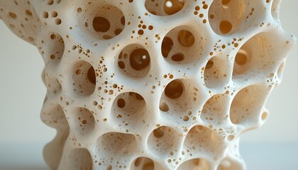 Organic abstract structure with porous holes on a light backdrop