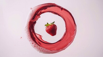 Wall Mural - circular strawberry juice splash swirl, strawberry floating isolated white background