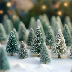 Wall Mural - Miniature snowy fir trees in a snowy landscape with out-of-focus warm lights in the background.