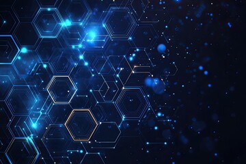 Blue background with a hexagonal shape and a technology, data connection or communication structure. A futuristic, high-tech digital network.