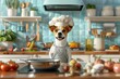 © JK_kyoto - A cheerful dog wearing a chef hat and apron stands in a vibrant kitchen, surrounded by fresh vegetables and cooking tools.