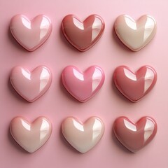 Sticker - Nine glossy pink hearts in a grid pattern on a pink background.