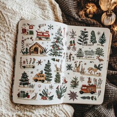 Wall Mural - Open notebook with hand drawn Christmas illustrations.