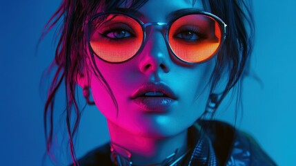 Poster - Cyberpunk Woman with Neon Lights