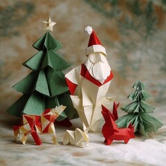 Poster - Origami Christmas scene with Santa, reindeer, and Christmas trees.