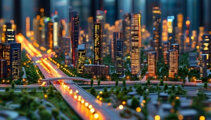 Illuminated miniature cityscape showcasing urban development and connectivity with high-rise buildings and vibrant pathways in a bustling modern environment