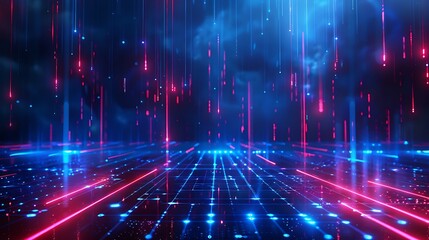 Poster - A vibrant digital landscape featuring beams of blue and red light, creating a futuristic atmosphere with a sense of depth and motion. Stage for product presentation.