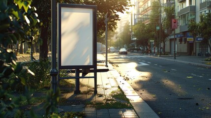 Poster - A white sign is on a sidewalk next to a tree