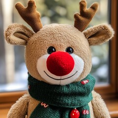 Sticker - Plush reindeer toy with a red nose and green scarf.