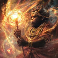 Poster - Powerful Hindu deity Hanuman with glowing staff.