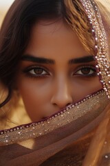 Wall Mural - A woman with brown hair and brown eyes is wearing a gold and purple scarf. The scarf is covering her face, and she is looking at the camera. The image has a warm and inviting mood