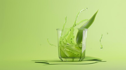 A refreshing splash of green liquid with vibrant aloe leaves, embodying freshness and purity in a modern glass setting.