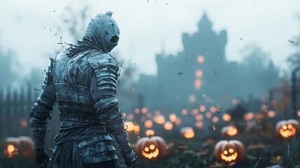 Poster - a knight in spectral armor stands in front of an ancient castle, lit only by the eerie glow of pumpk