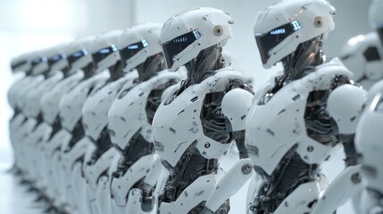 Sticker - A Row of White Robots with Sleek Designs and Futuristic Features