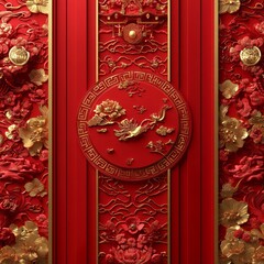 Wall Mural - Red and gold Chinese New Year decorative pattern with a dragon in a circle.