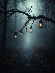 Poster - A dark and mysterious forest trail illuminated by flickering lanterns. The scene is filled with suspense and Halloween mystery, leaving plenty of copy space for creative use.