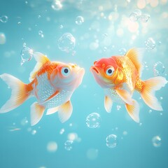 Two Beautiful Goldfish Swimming in Clear Blue Water With Bubbles