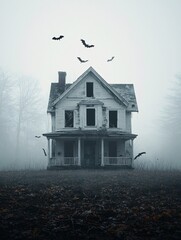 Poster - A haunted, abandoned mansion on the edge of a forest, with fog rolling in and crows flying above. The scene conveys a chilling Halloween mystery with plenty of copy space for customization.