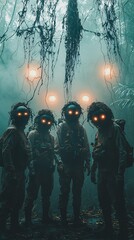Poster - A group of explorers dressed in safari gear with Halloween-themed masks and costumes pose in front of a haunted jungle backdrop with glowing eyes peeking from the trees. Large copy space for