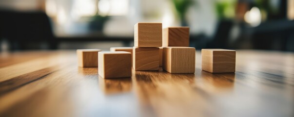 Poster - Wooden blocks on a polished table, natural light. Minimalist design concept