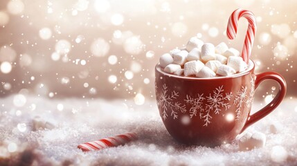 Sticker - Red mug filled with hot chocolate, topped with marshmallows and a candy cane, on a snowy background with bokeh lights.