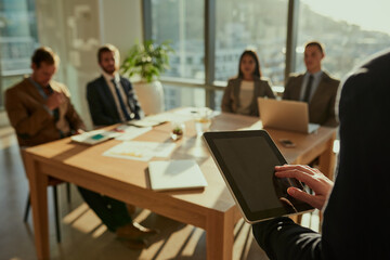 Aufkleber - Business person, hands and meeting with tablet screen for presentation, data or company review at office. Coach, spokesperson or employee talking to group with technology for mission or feedback