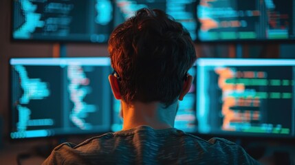 back view of a software developer focused on multiple computer screens displaying code and data, rep