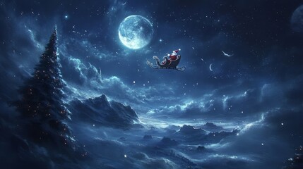 Poster - Santa Claus flies through a snowy night sky with a full moon in the background.