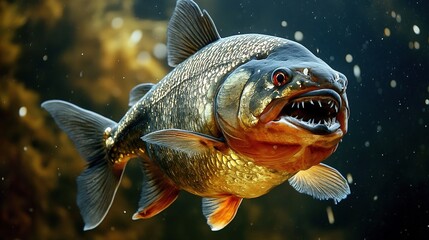 A close-up view of a piranha, showcasing its sharp teeth and distinctive features. The image highlights the piranha’s powerful jaws and predatory nature, set against a natural aquatic background. This