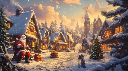 Wall Mural - Santa Claus sits on a bench in a snowy village with a lit Christmas tree and a church steeple in the background.